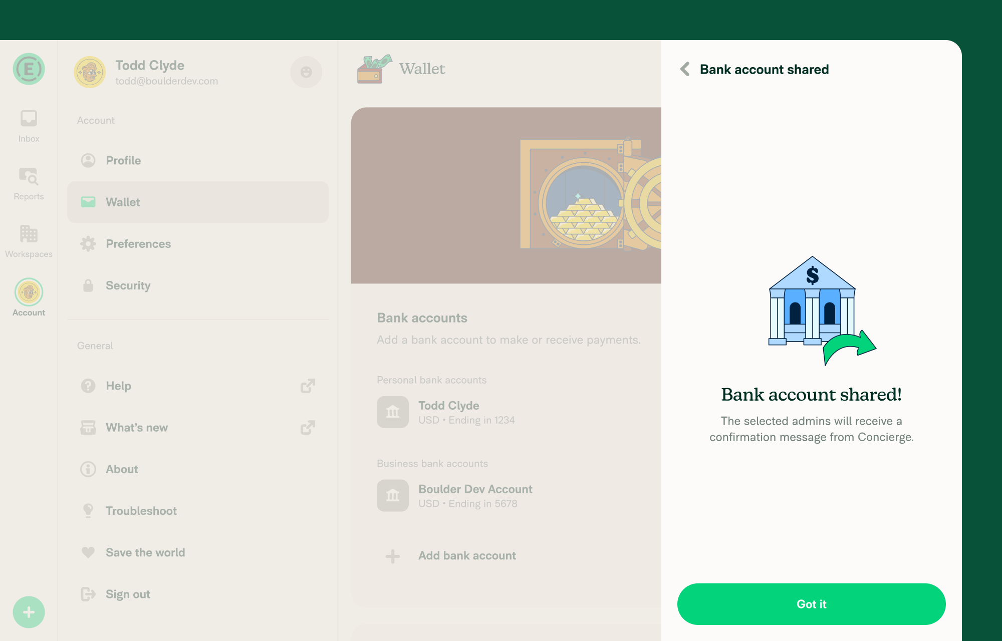 Close the confirmation screen once the share is successful