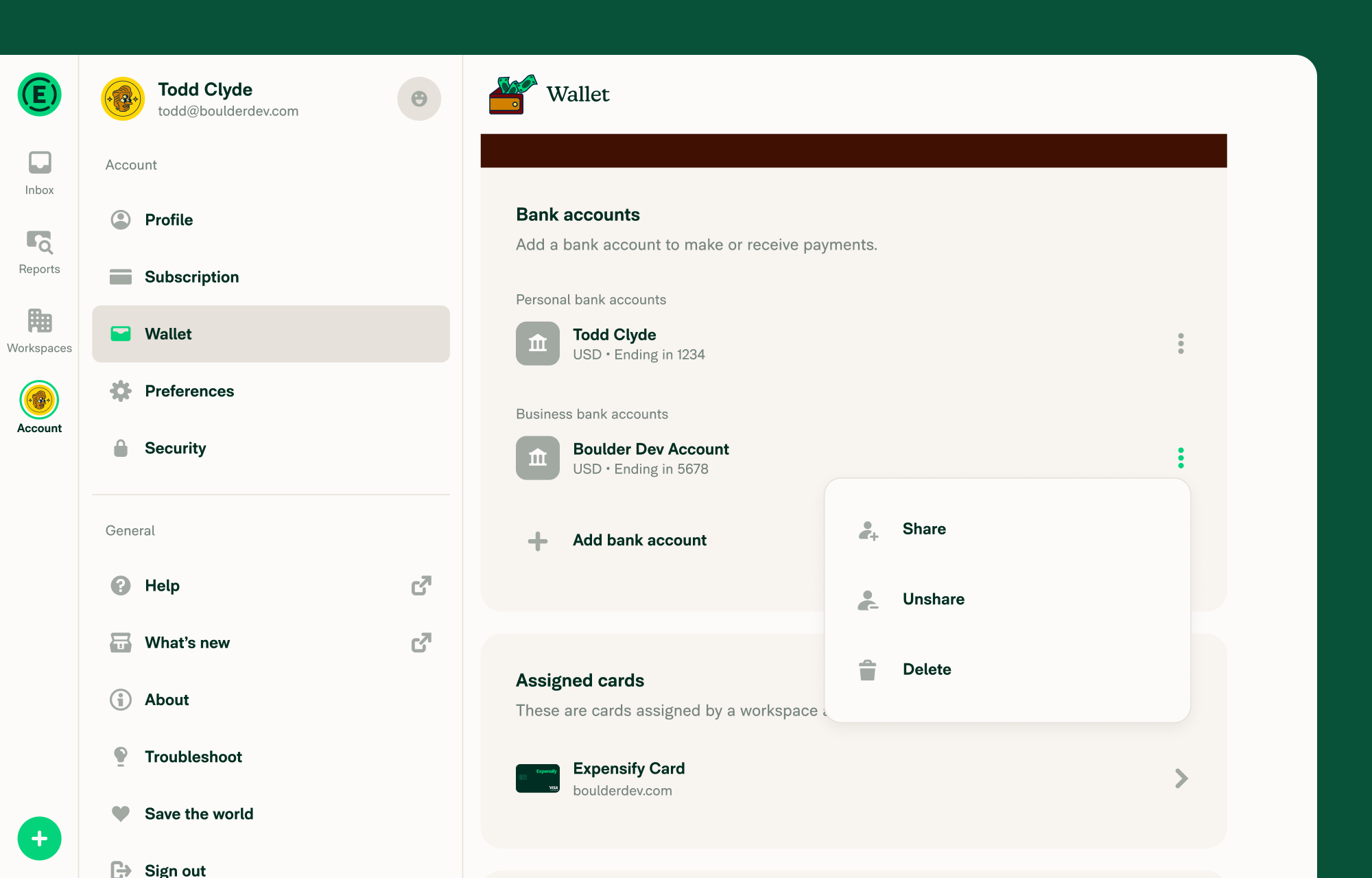 Open the three dot menu next to the bank account and tap unshare