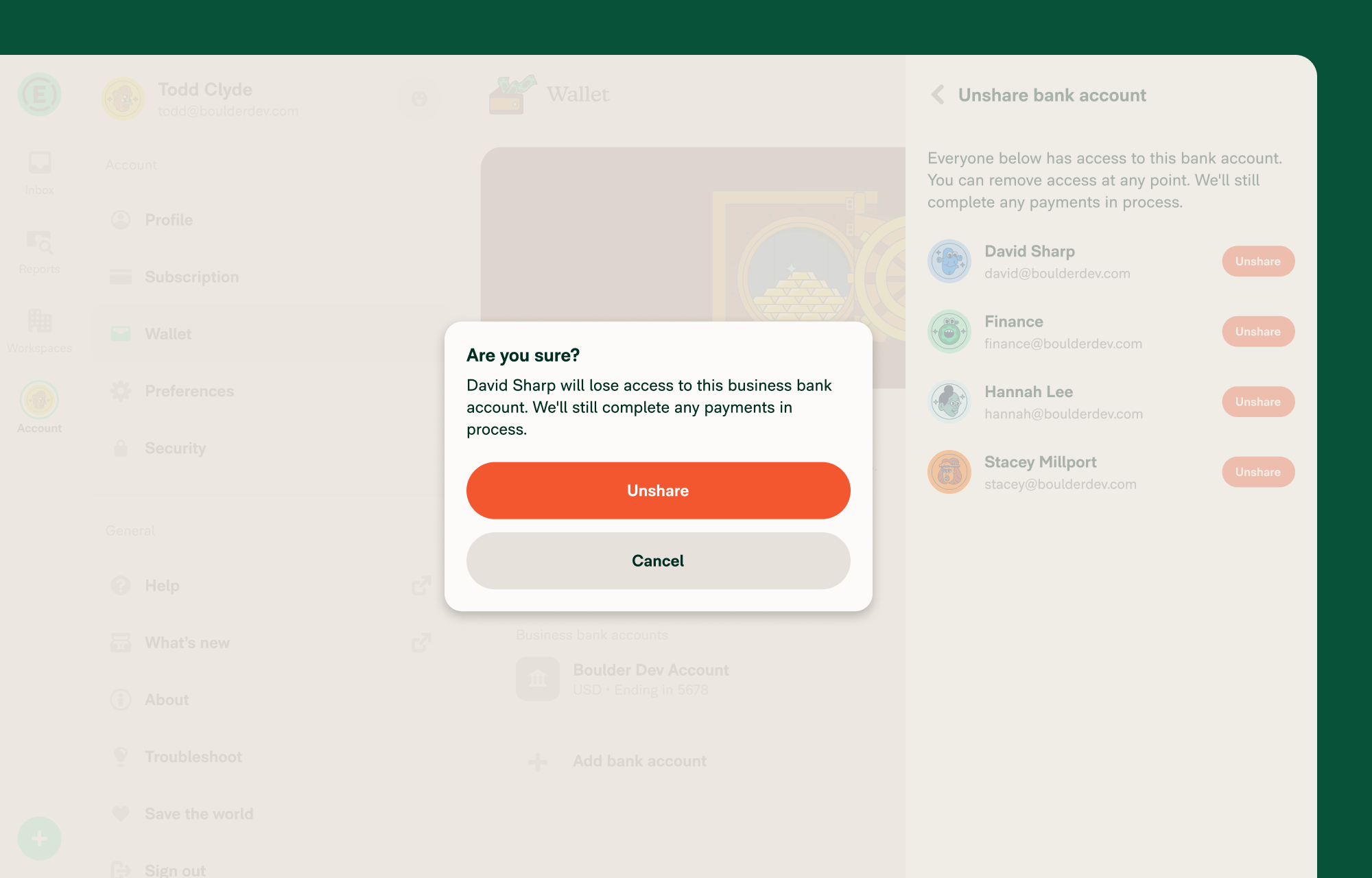 Confirm the unshare in the modal
