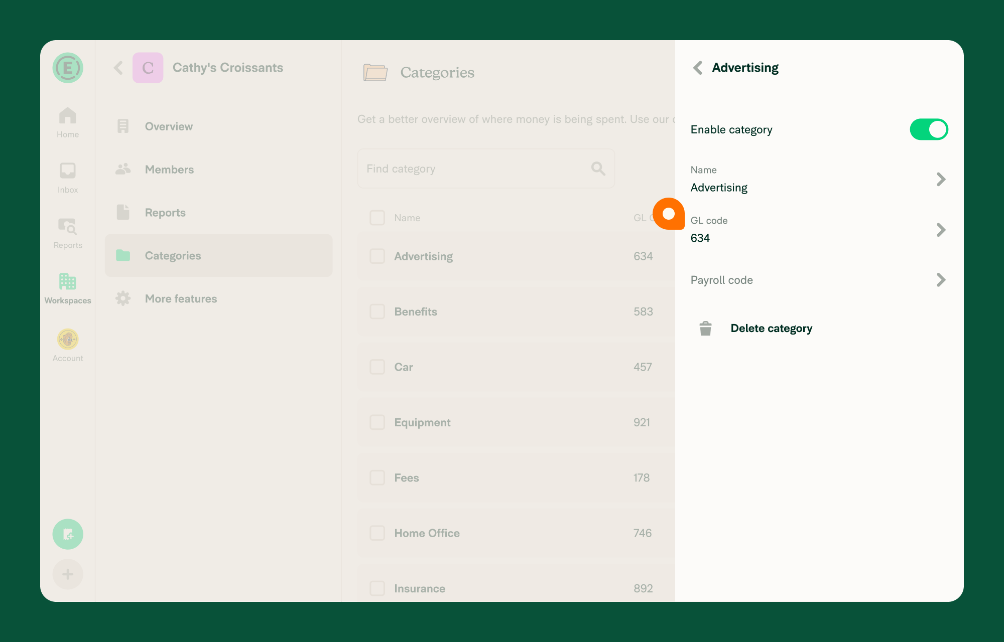 In the Workspace > Categories setting, the right-hand panel is open and the GL and Payroll code setting is highlighted.