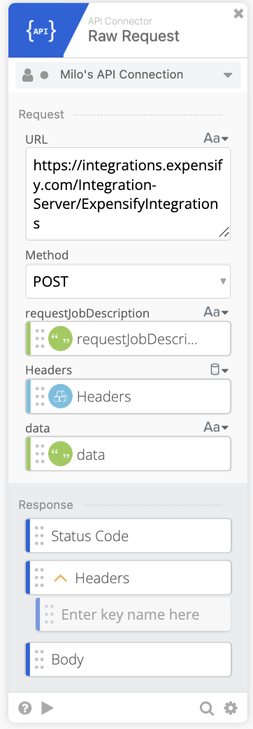 API Connector Raw Request card setup