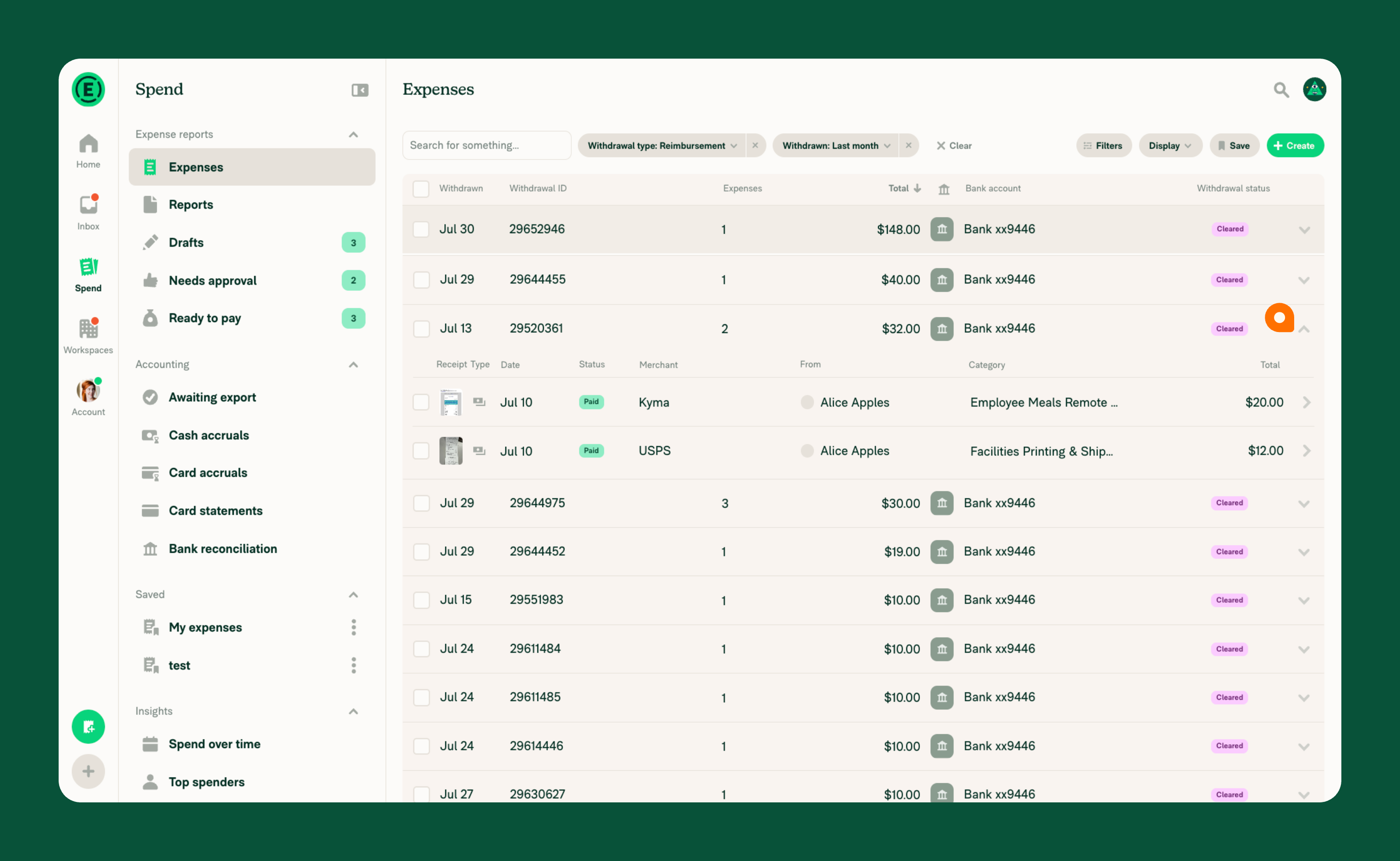 Spend page showing reimbursements with one reimbursement expanded