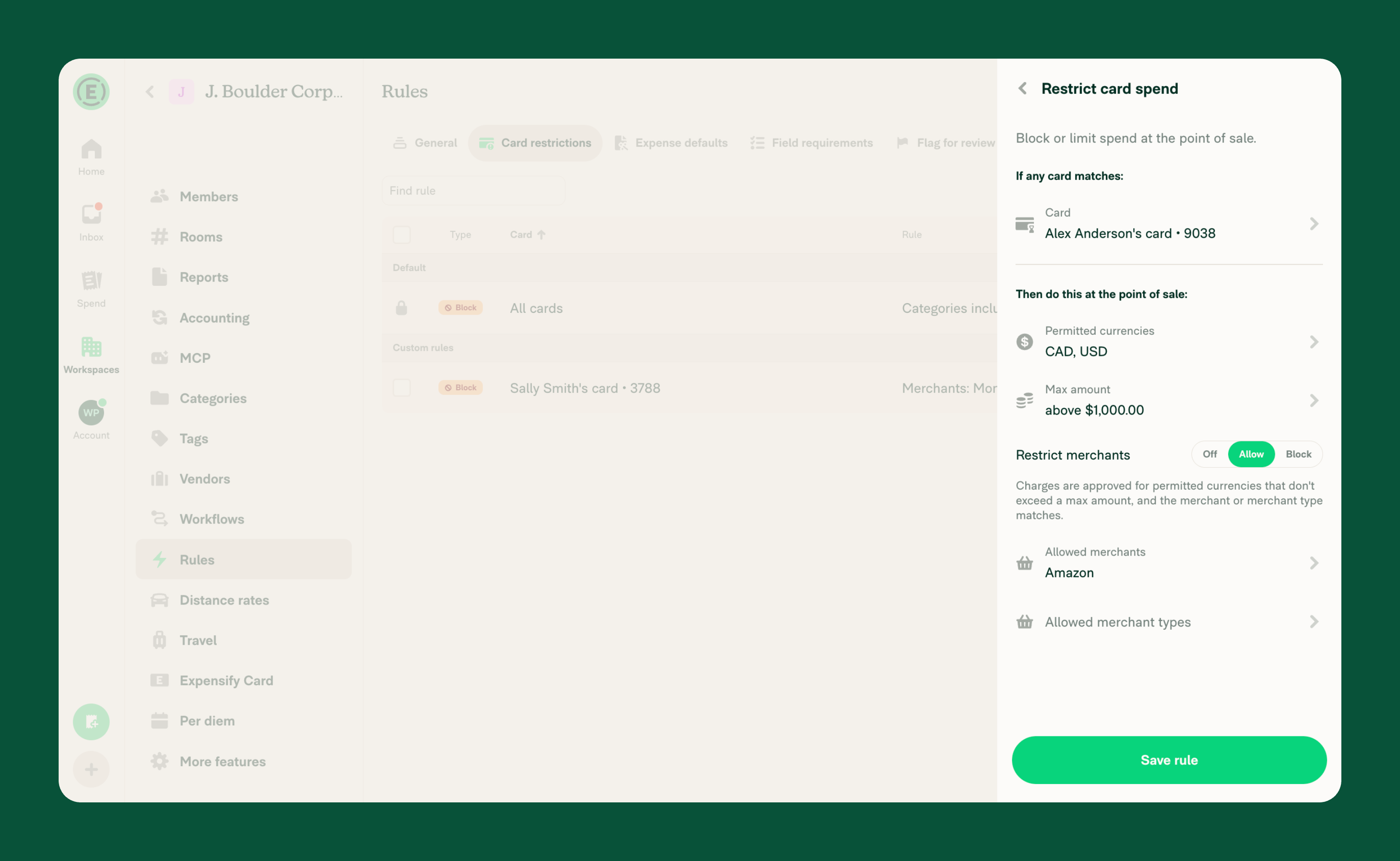 Restrict card spend page showing available restrictions