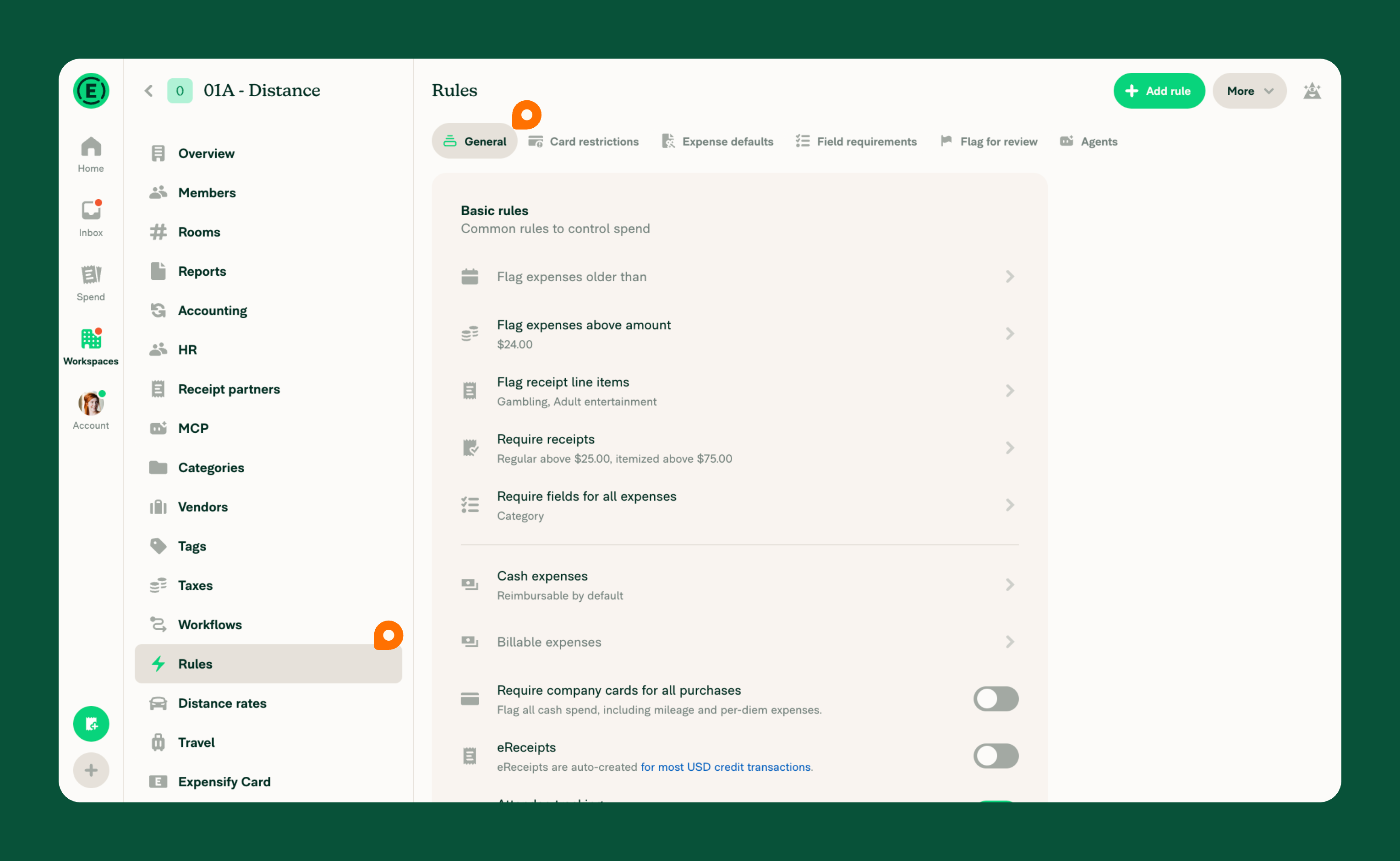 The Rules page on the General tab, showing the tab bar and the full Basic rules card.