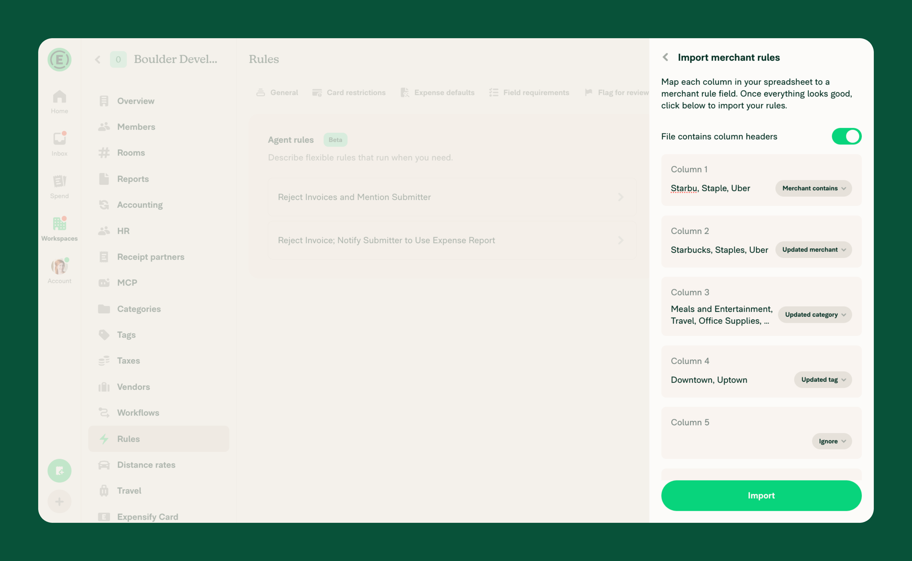 Merchant rules import page showing mapping