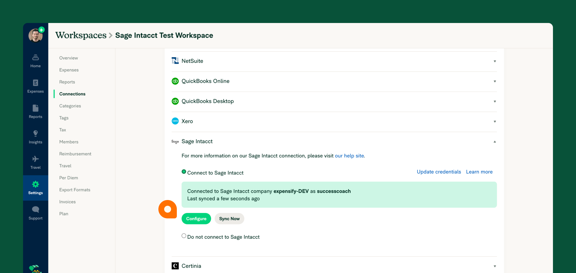 Highlighting the Configure button for the Sage Intacct Integration