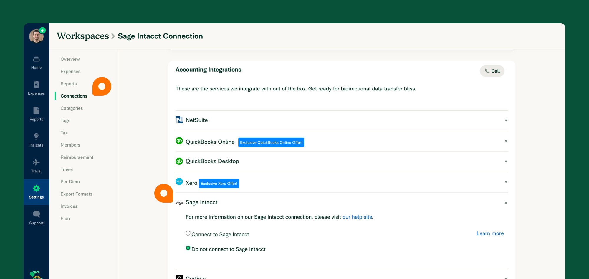 Image of selecting the Sage Intacct integration in Expensify