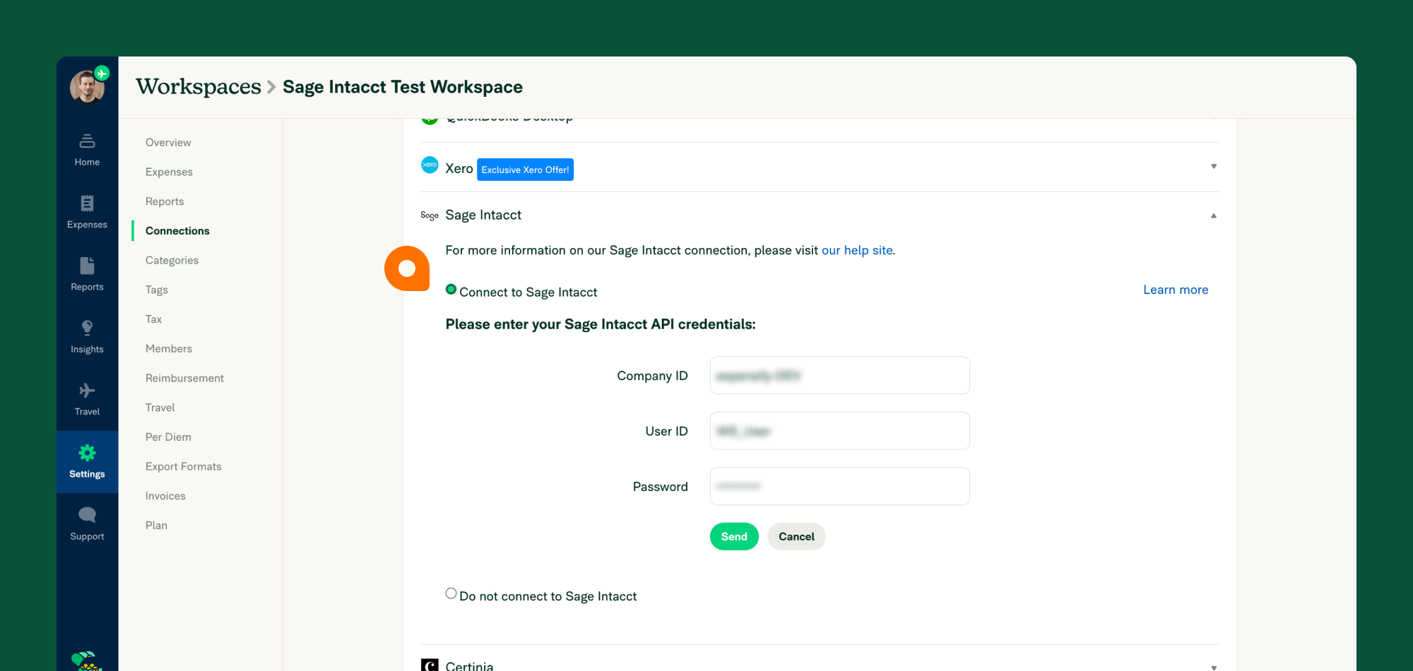 Image of Sage Intacct credentials being entered in Expensify to connect the integration