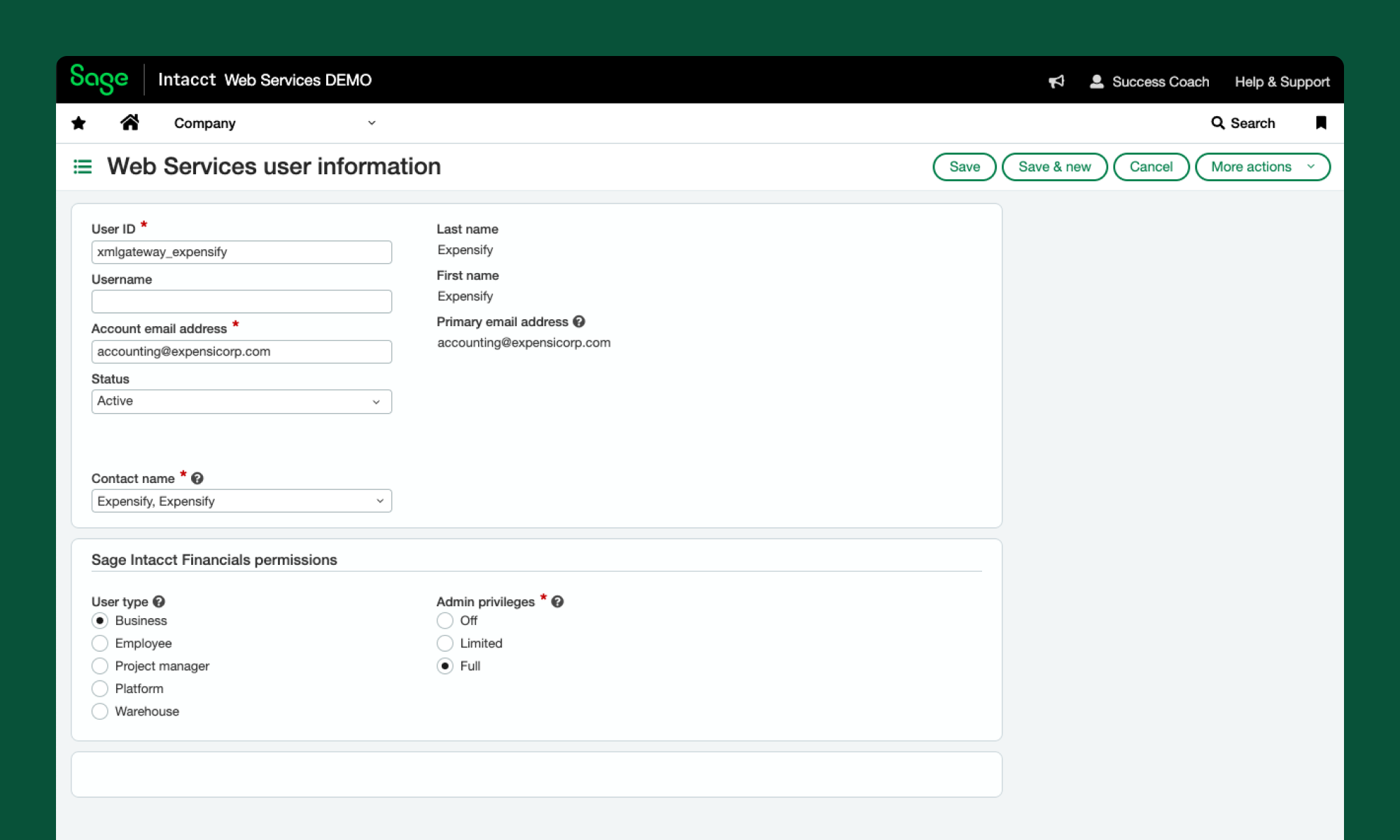 Image of Sage Intacct Web Services User setup