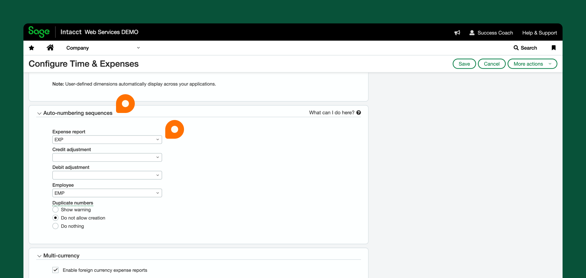 Image of Sage Intacct Time and Expense Auto-numbering Sequences Settings