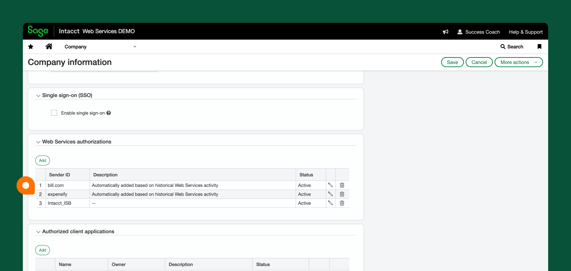 Image of Web Services Authorizations in Sage Intacct