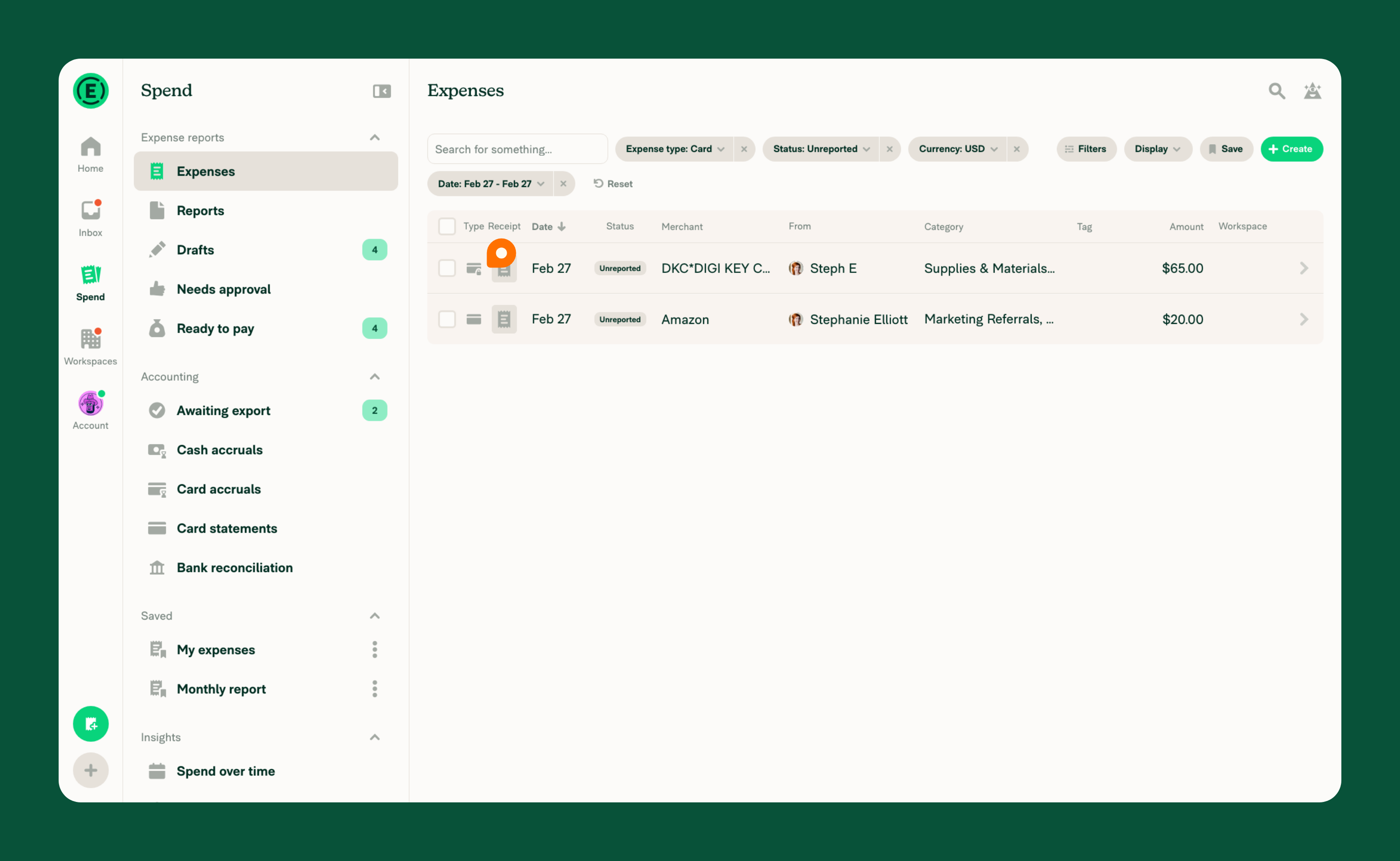 Spend page showing company card expense highlighted