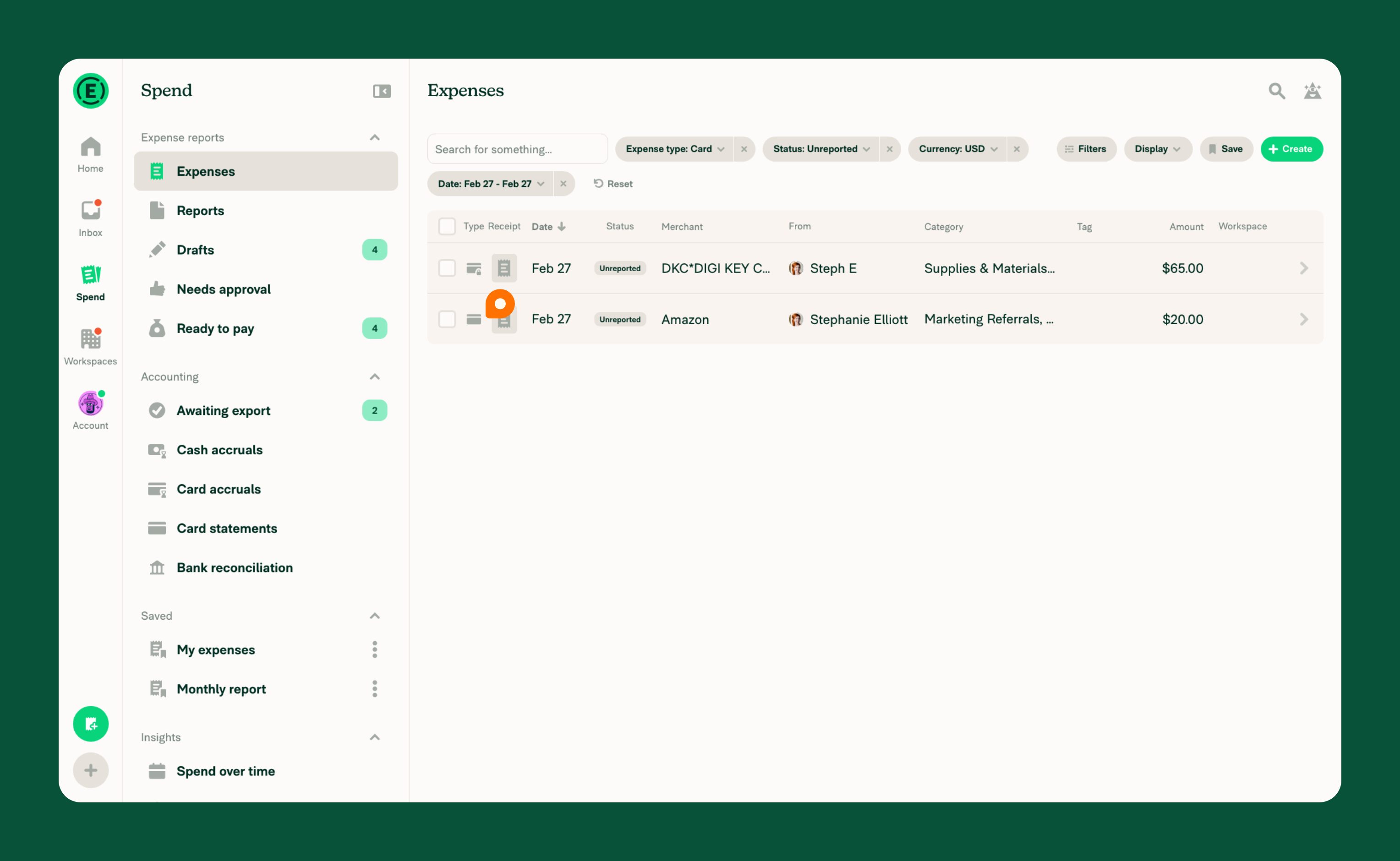 Spend page showing personal card expense highlighted