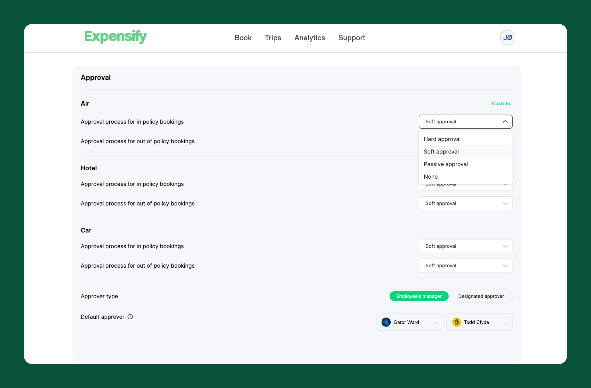 Screenshot of Expensify Travel policy approval settings