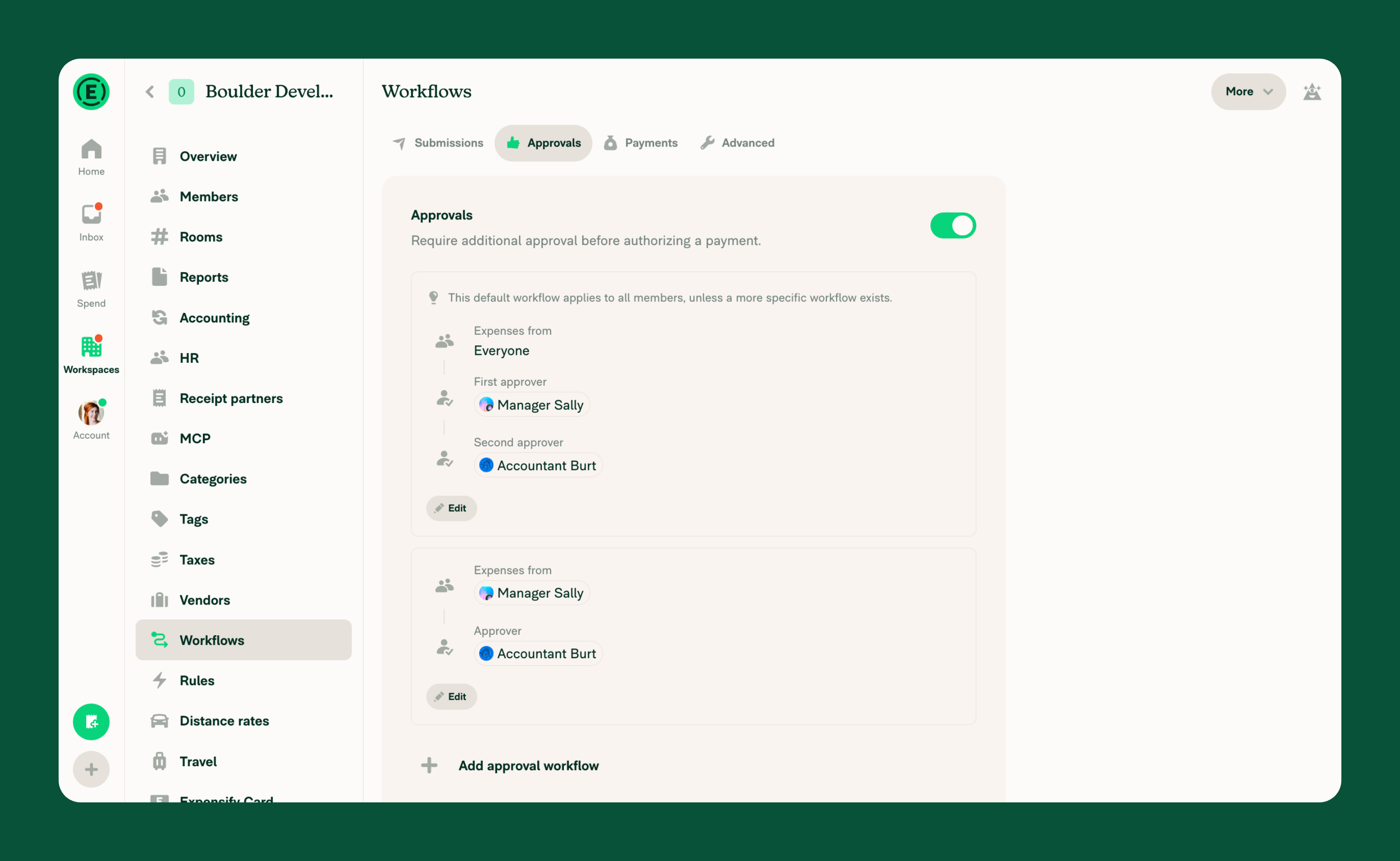 Workflows page showing approval workflow