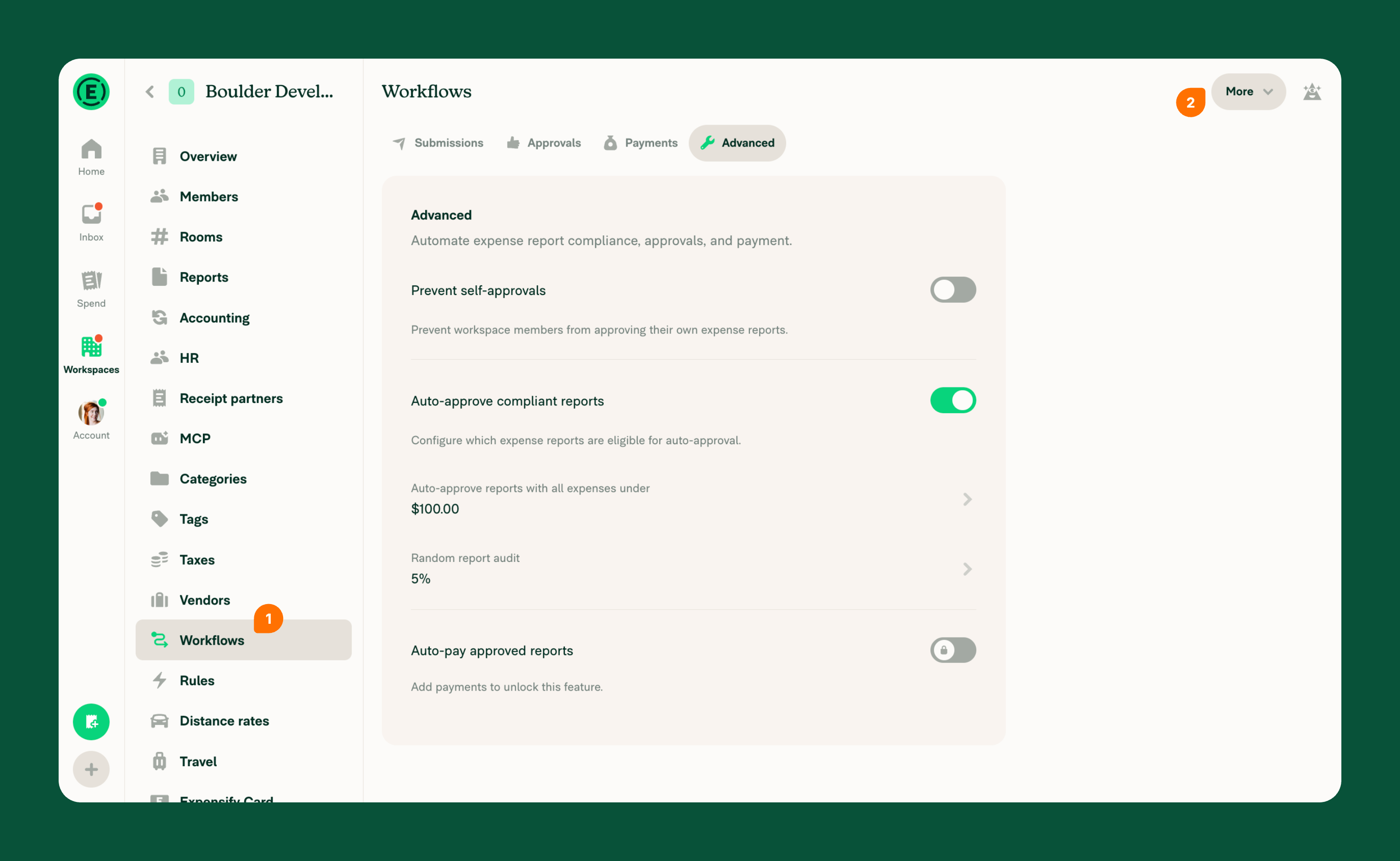 Workflows page showing More menu