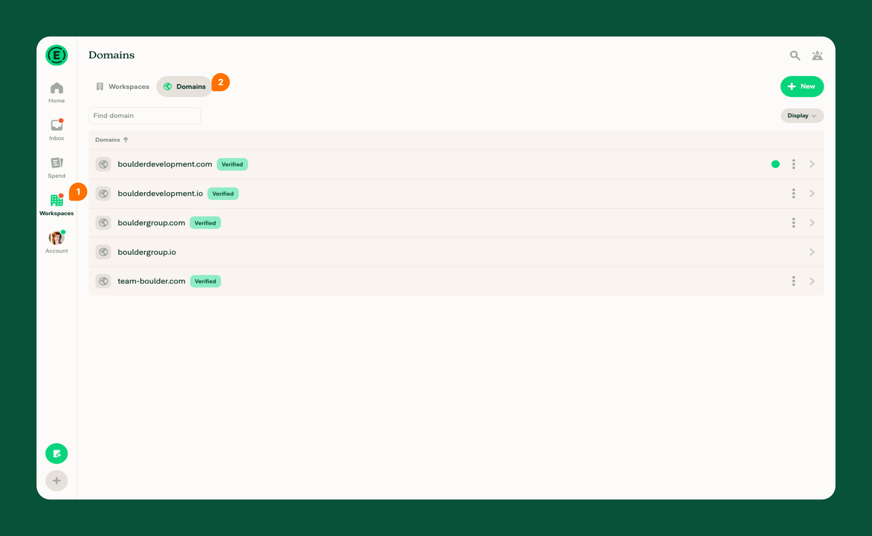Workspaces page showing Domains tab