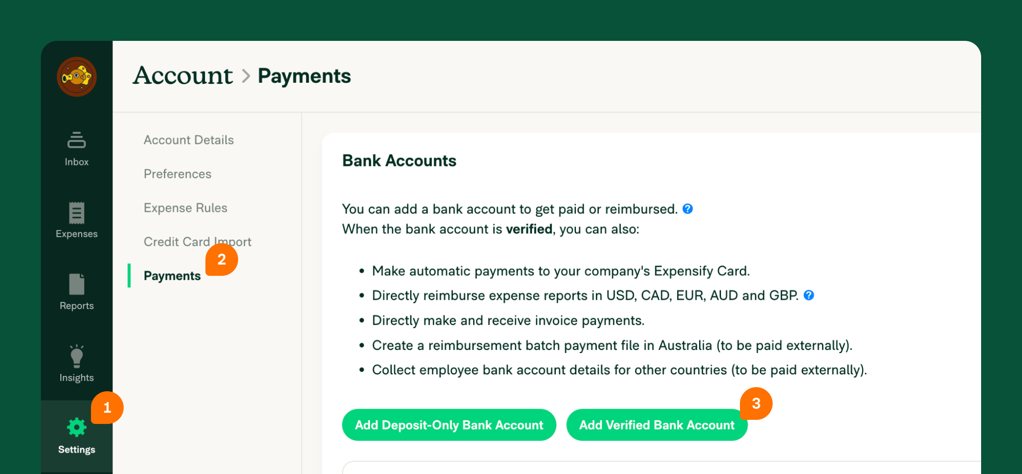 Click the Verified Bank Account button in the bottom right-hand corner of the screen