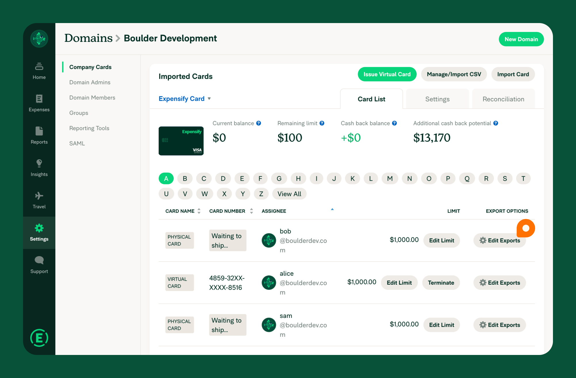 Find the desired card in the table. In that same row, click Edit Exports.