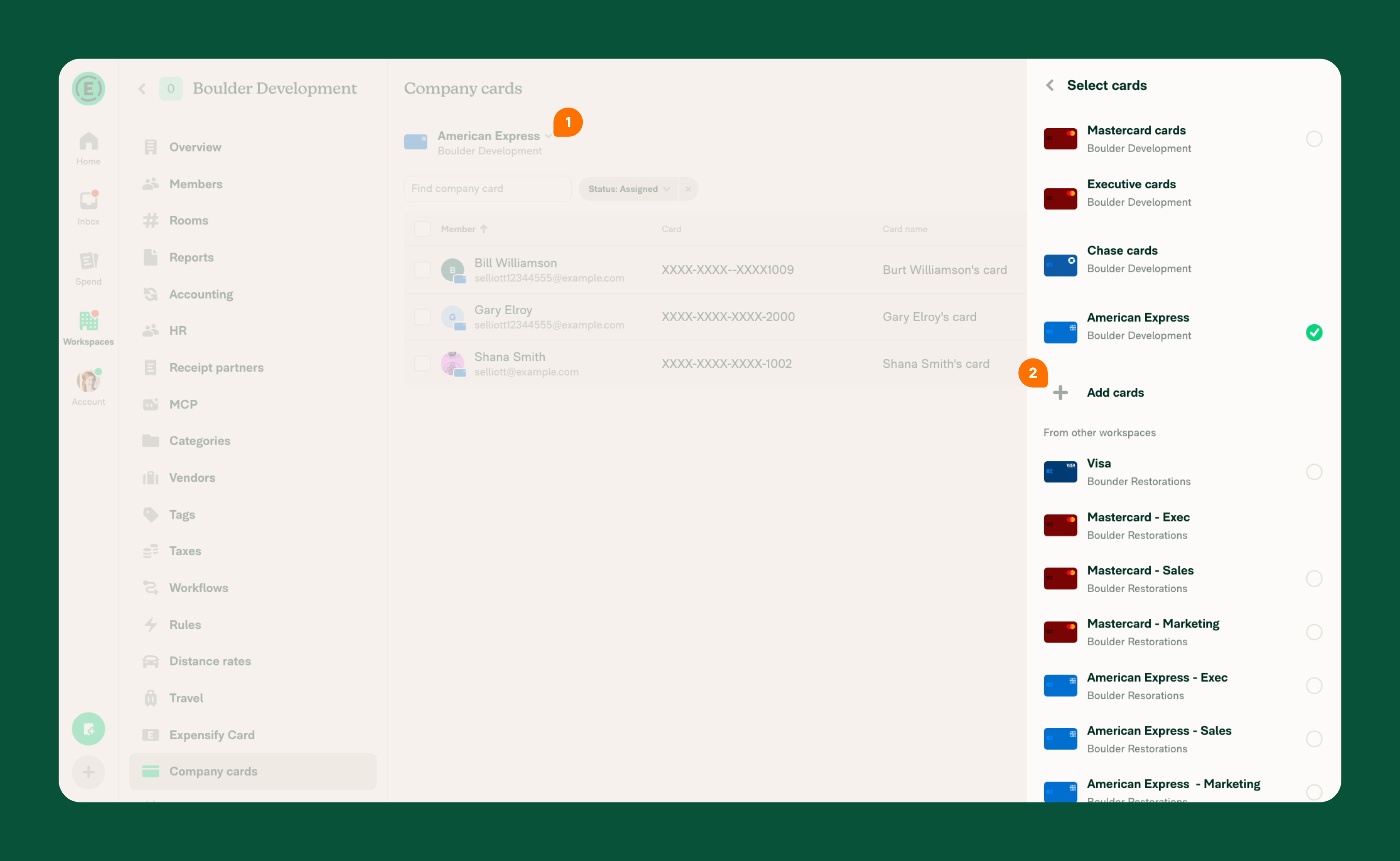 Company Cards page with Add cards highlighted