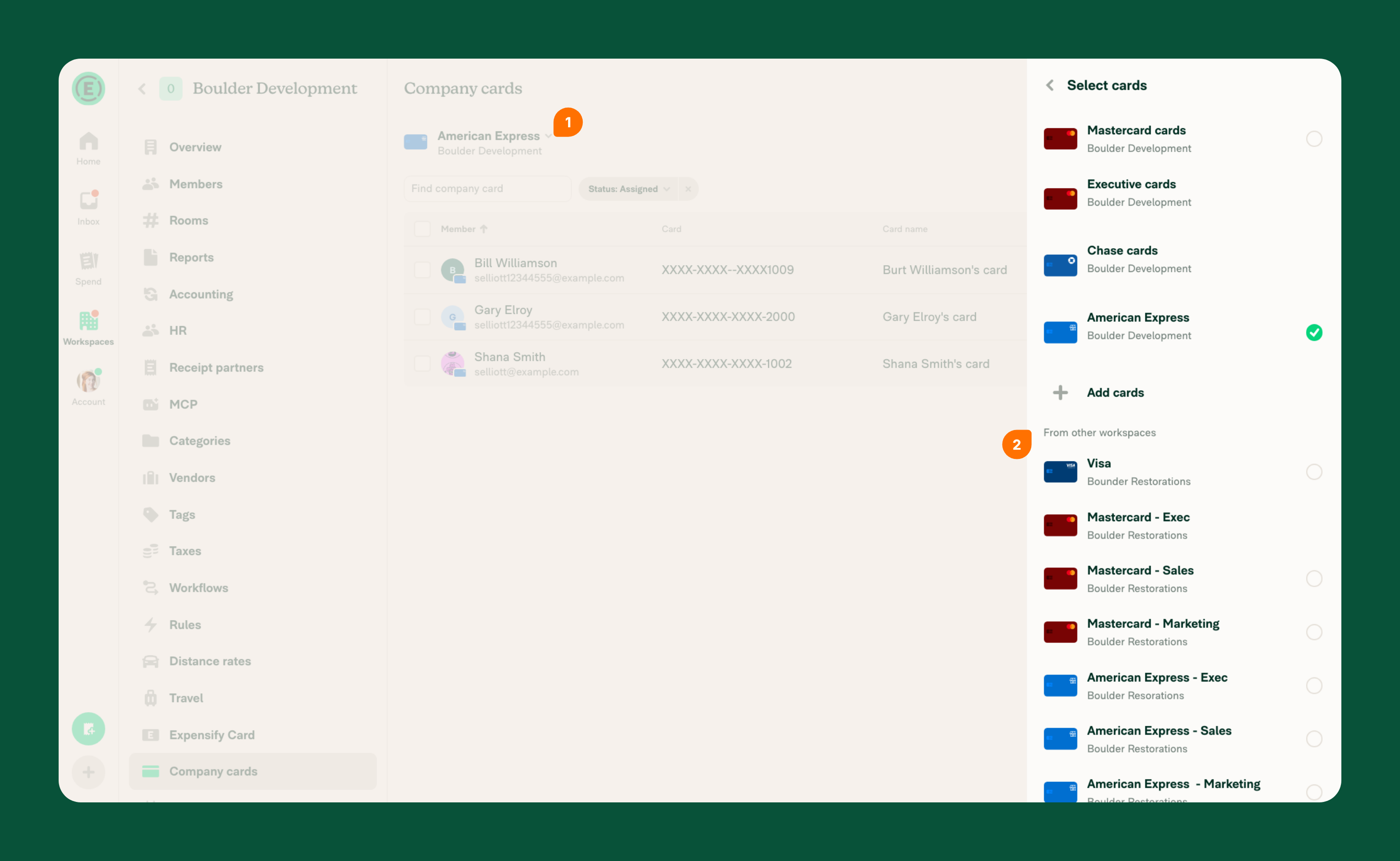 Company cards page with from other workspaces highlighted