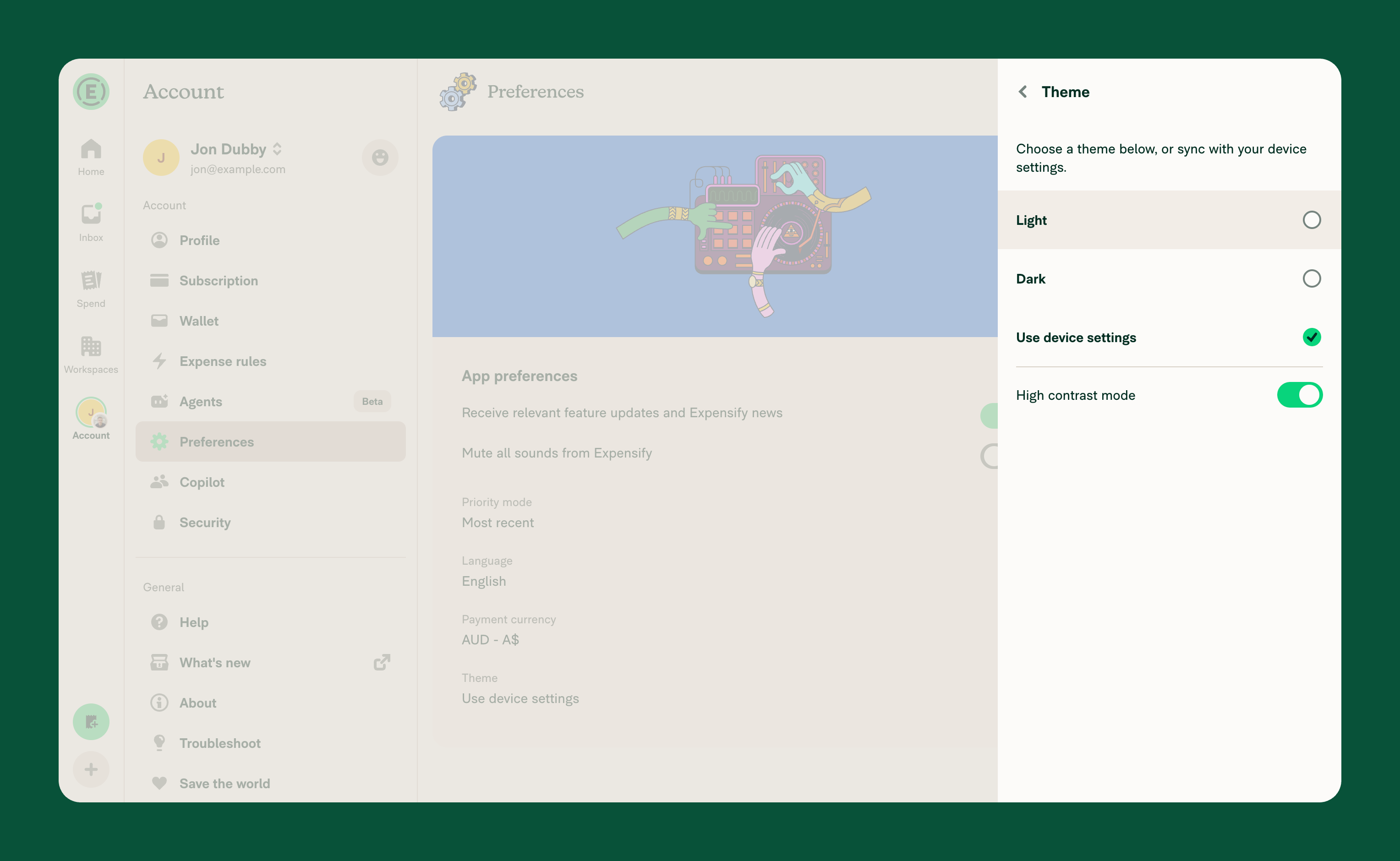 The Theme page in Expensify preferences with the High contrast mode toggle turned on