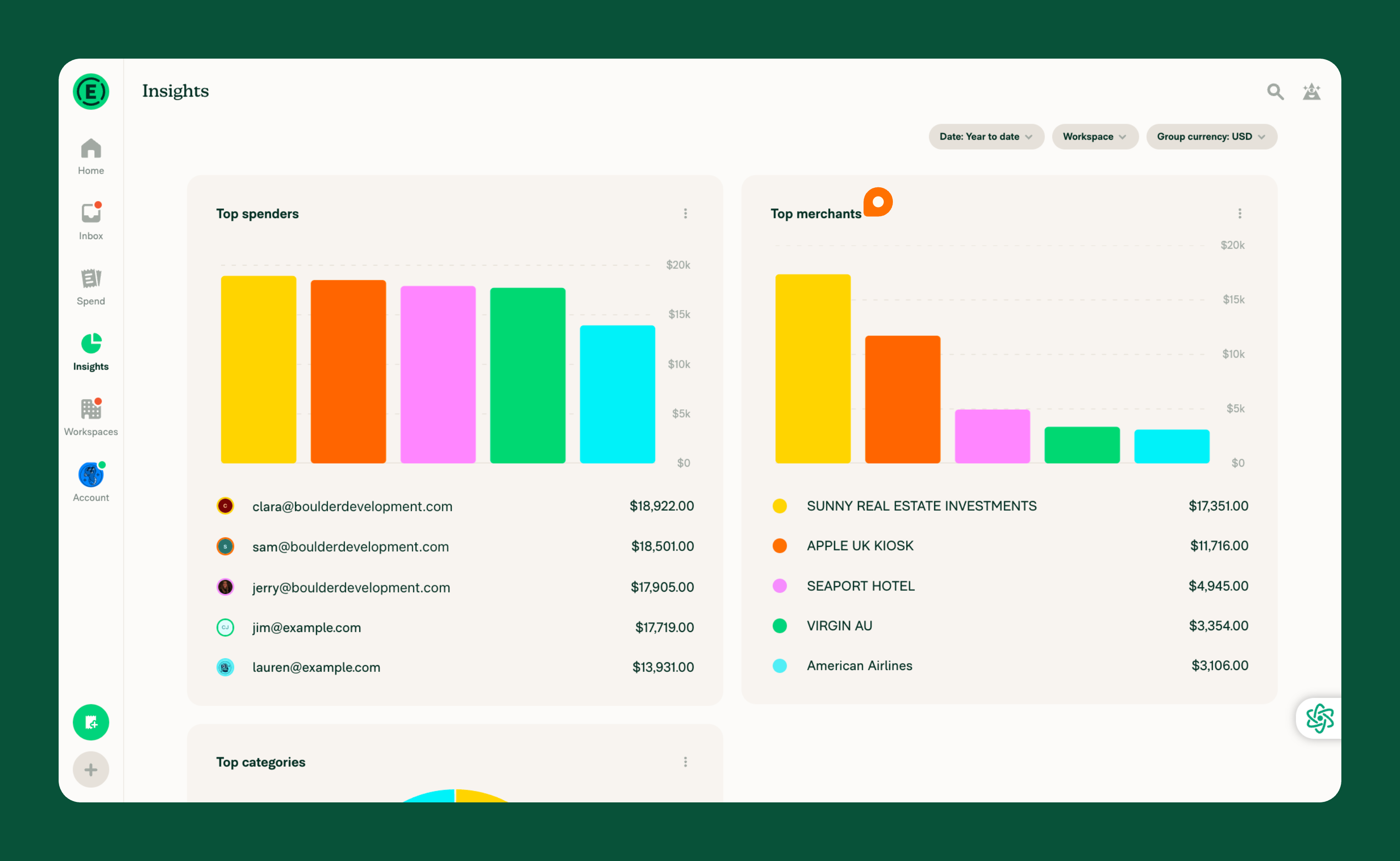 Insights with Top merchants highlighted