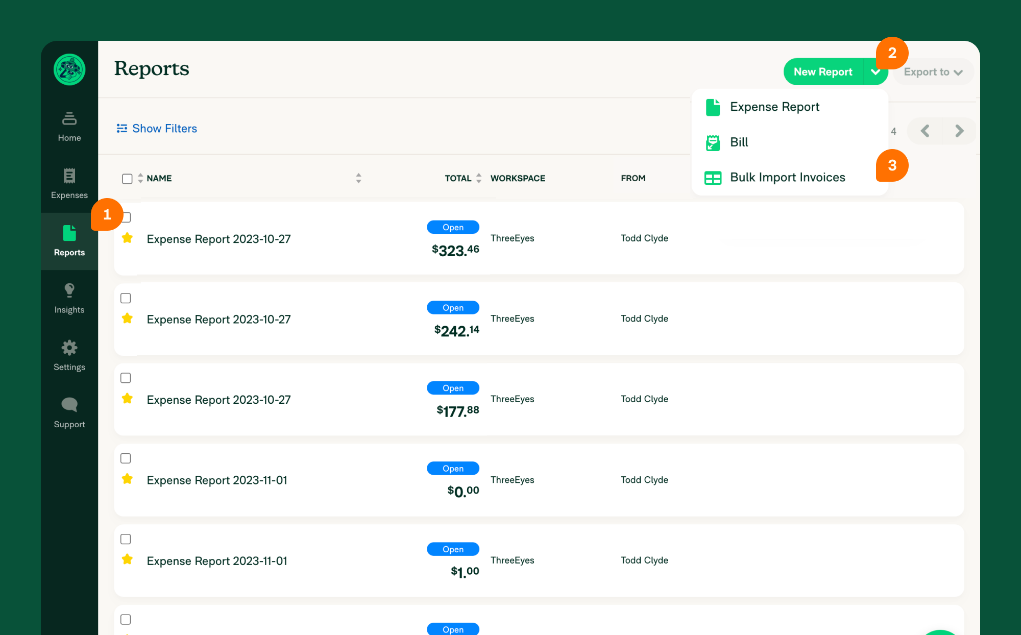 Click Reports, New Reports, choose Bulk Import Invoices