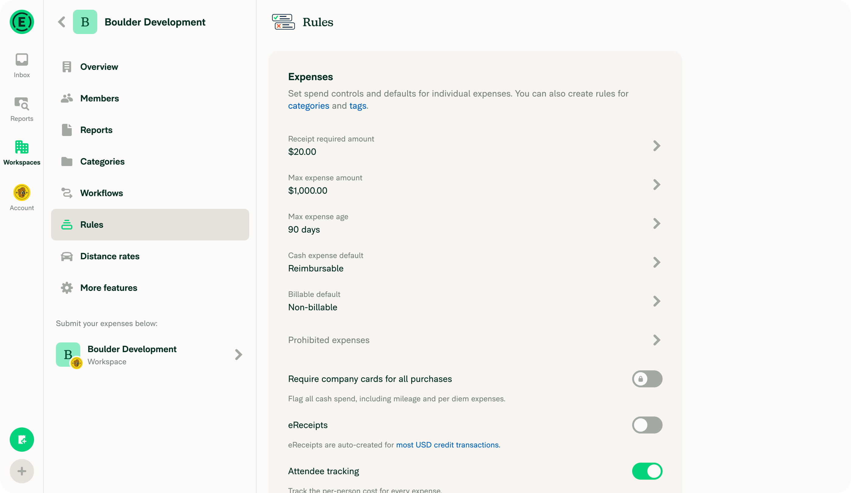 Rules page showing all available workspace-level expense rules