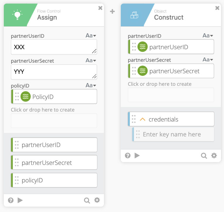 Assign and Construct cards showing credentials setup