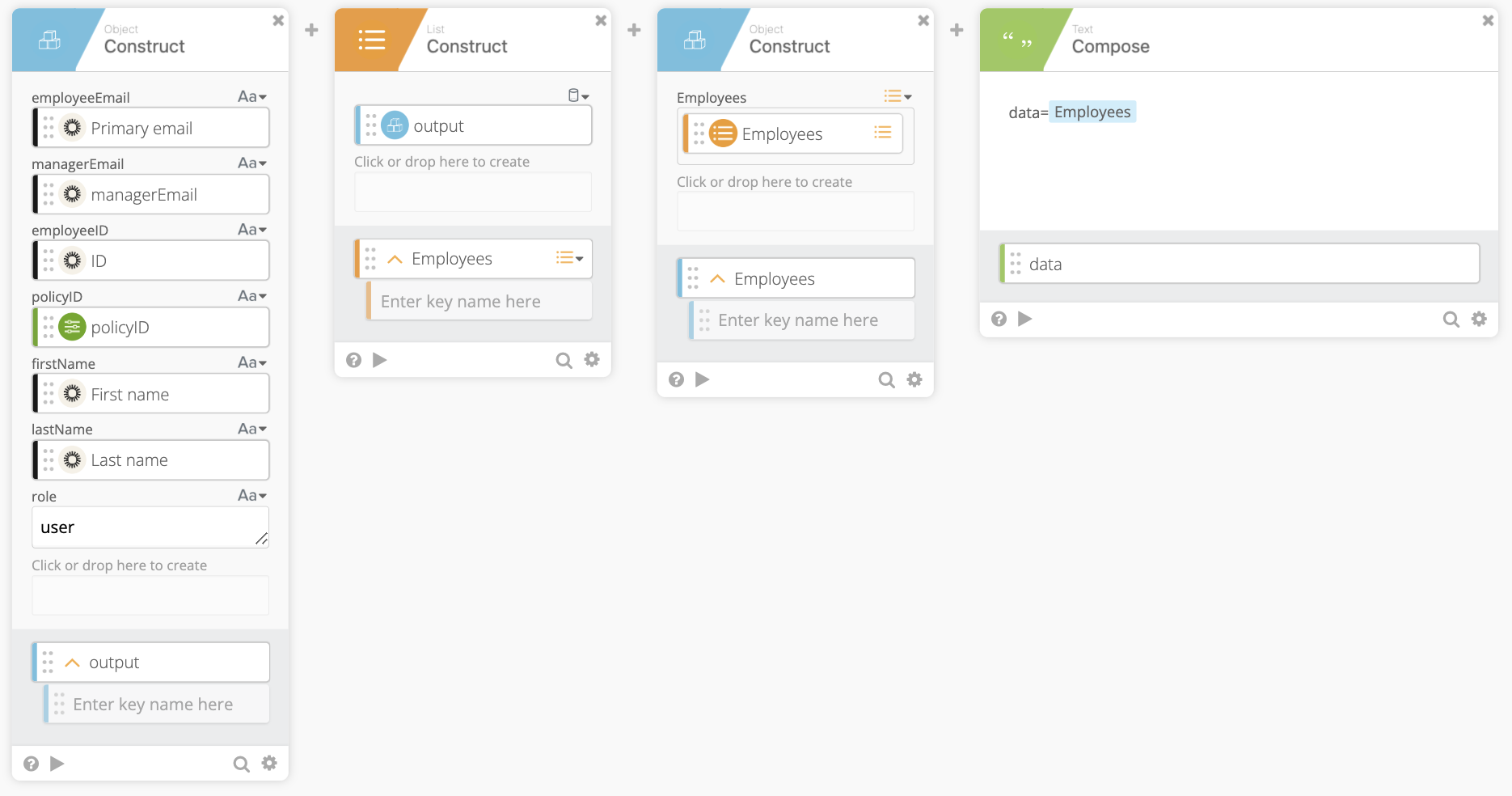Construct and Compose cards building employee data