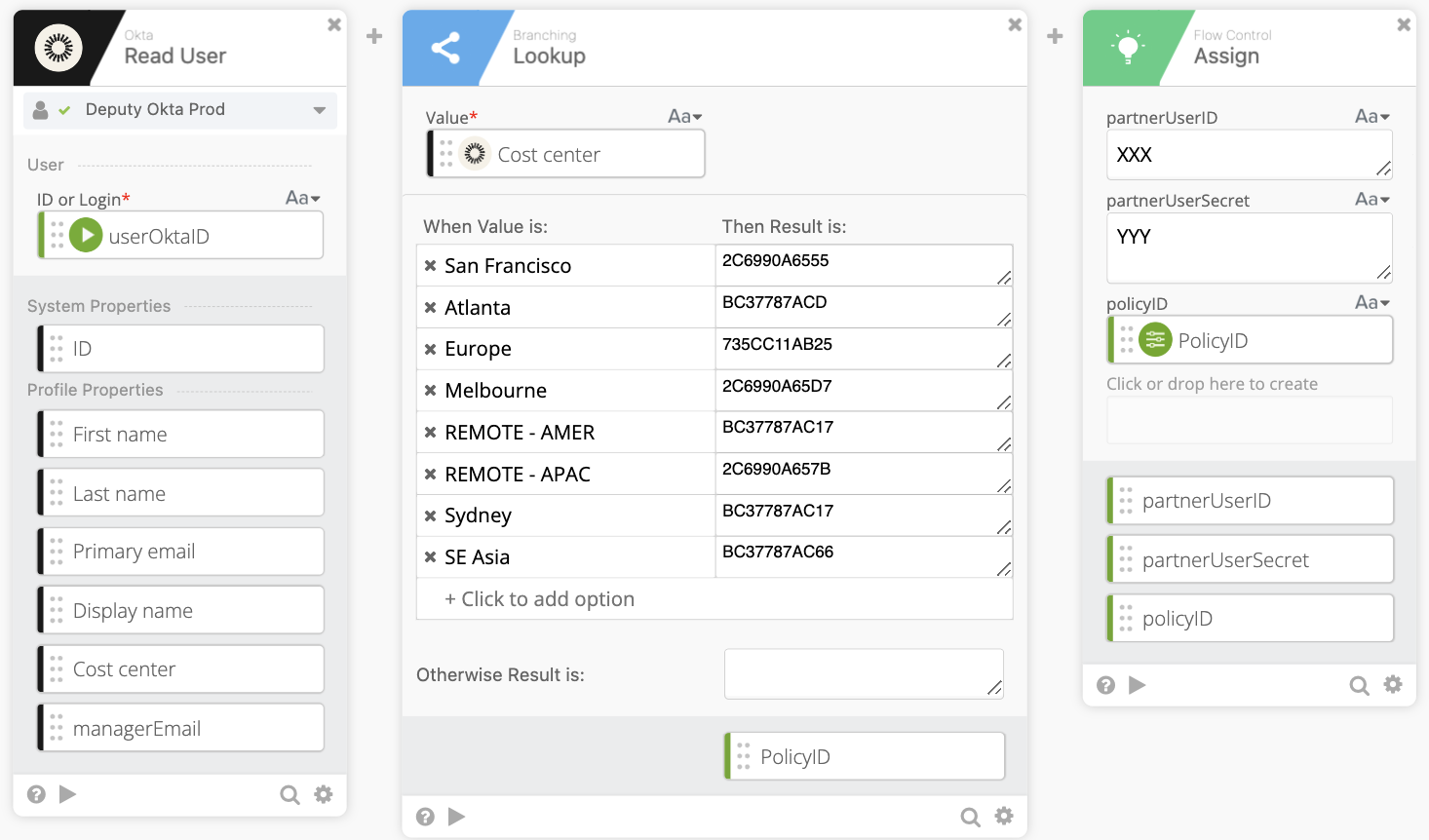 Read, Lookup, and Assign cards for policy mapping