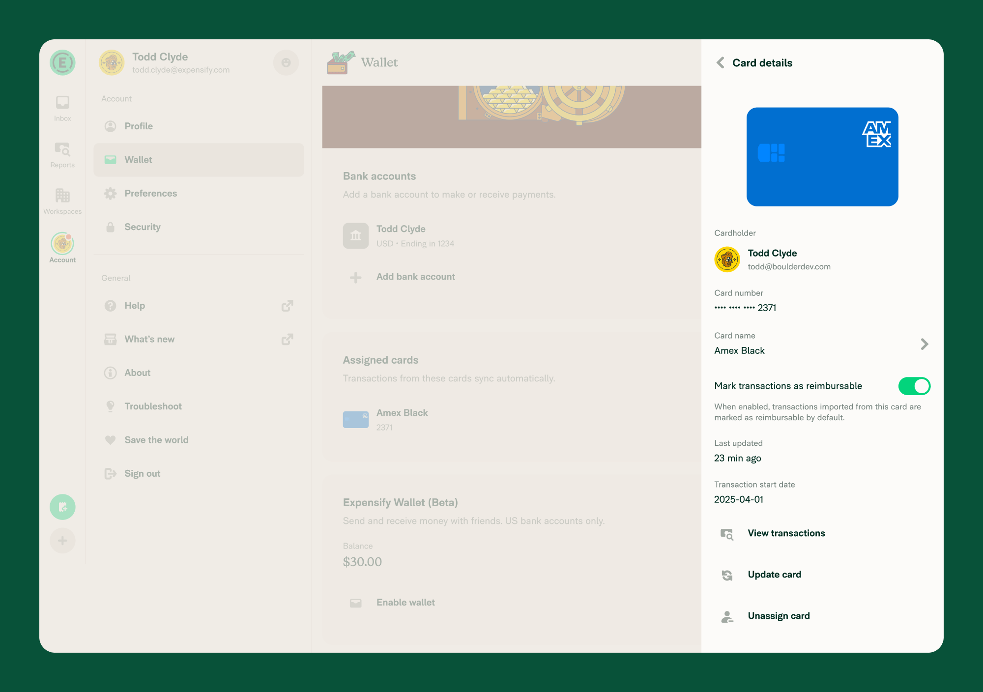 Update personal card settings from the card details page