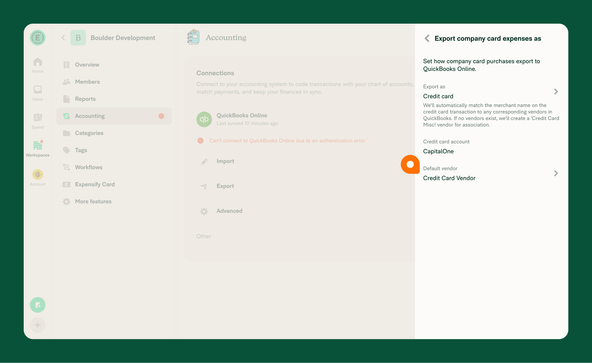 QuickBooks Online Export settings showing the Export company card expenses as setting and the Default vendor dropdown