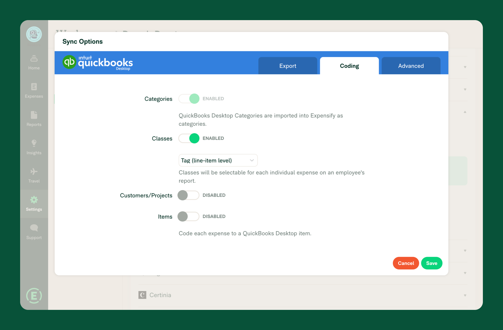 Expensify coding settings page for the QuickBooks Desktop integration