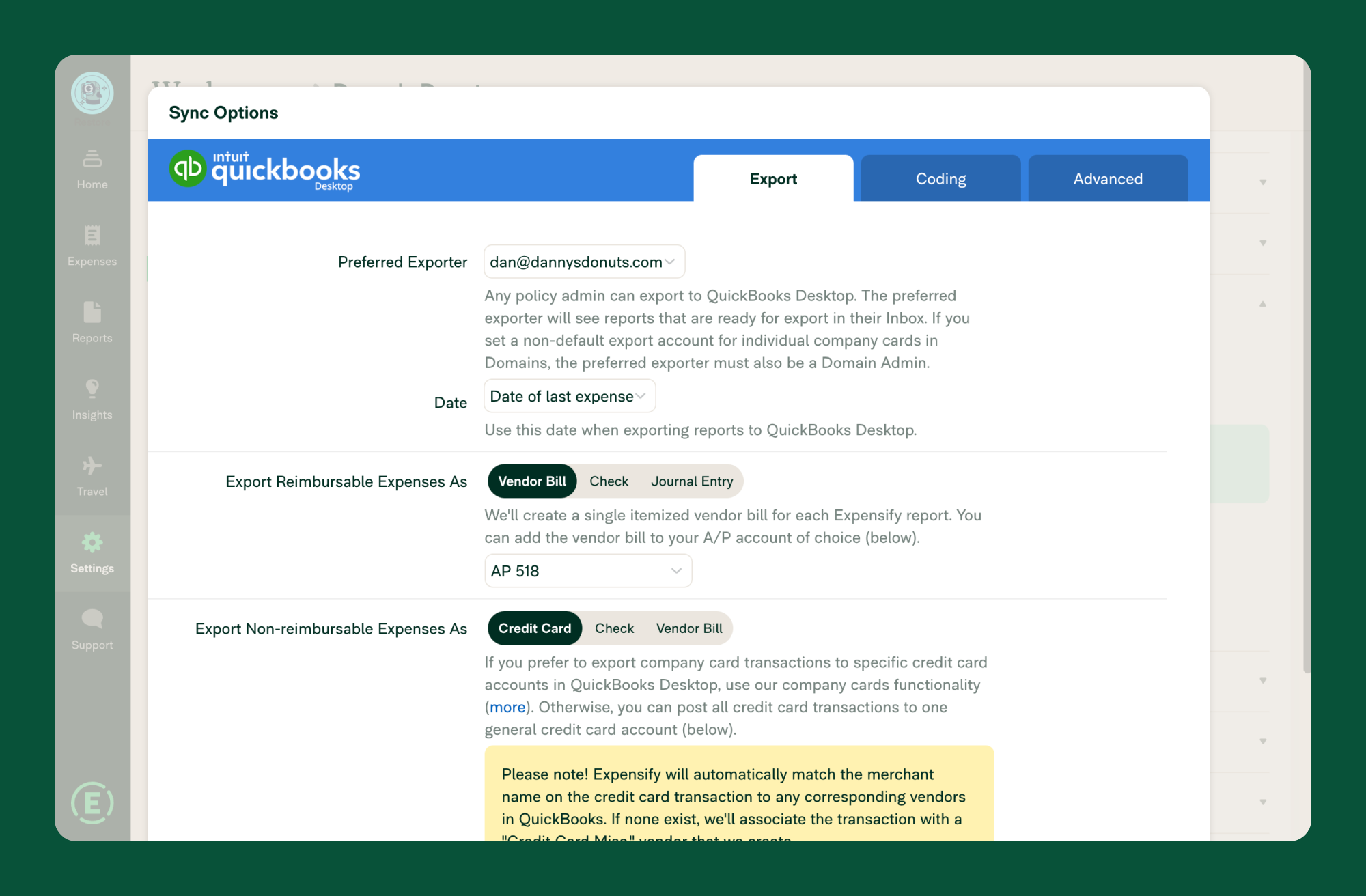 Expensify export settings page for the QuickBooks Desktop integration