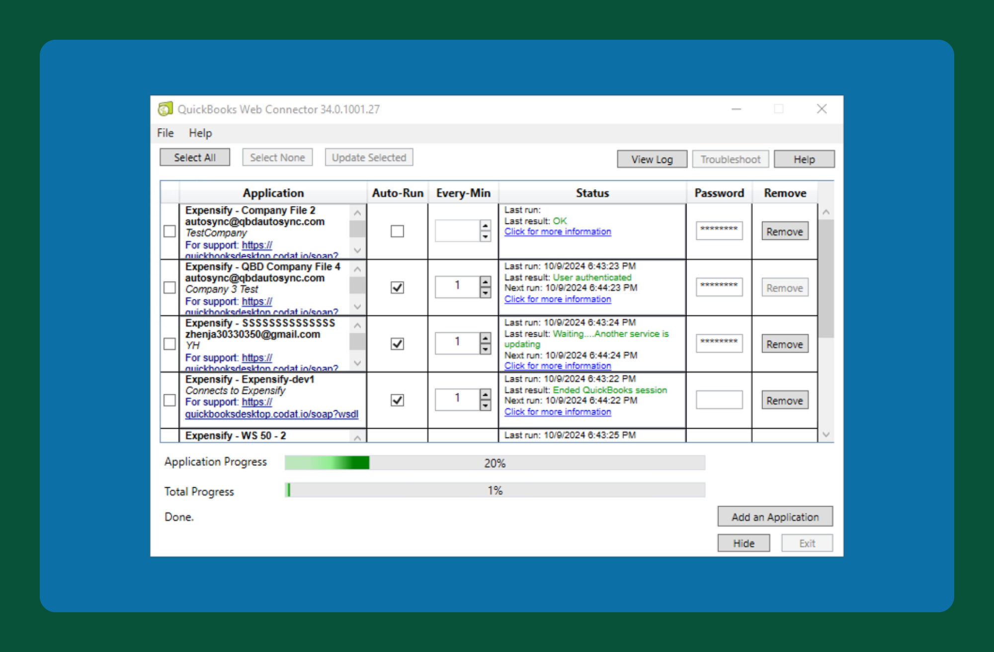 QuickBooks Web Connector showing status "OK"