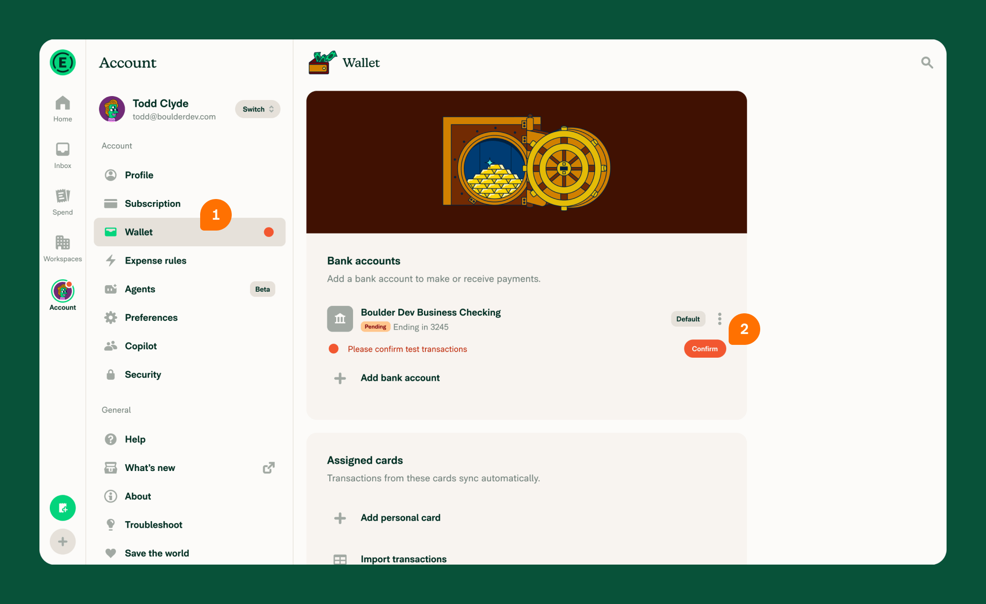 Account > Wallet > bank account with a Pending badge and a callout on the Confirm action