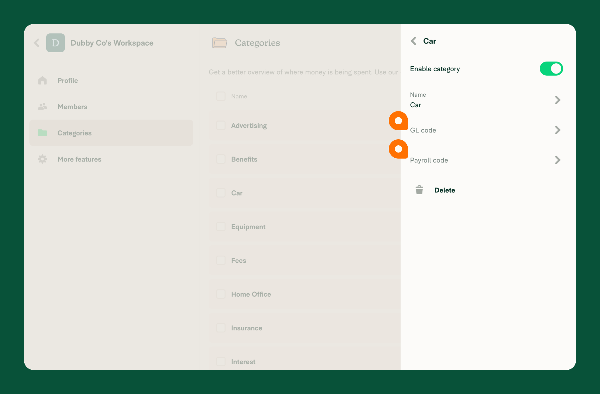 In the Workspace > Categories setting, the right-hand panel is open and the GL and Payroll code setting is highlighted.